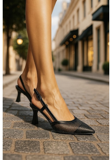 Günlük Kadın Fileli Arkası Açık Ayarlanabilir Tokalı İnce Topuklu Abiye Ayakkbı 923 Siyah