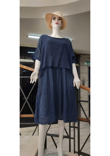 İtalyan Müslin Keteni Üstü File Bluzlu Astarlı Tek Parça Elbise Lacivert