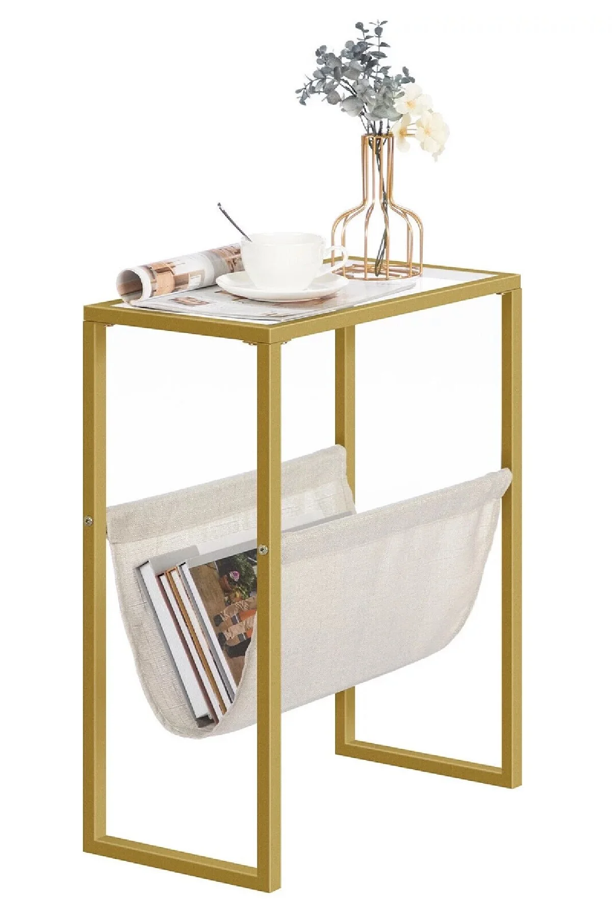 Temperli Cam Gazetelik Dergilik Yan Sehpa Koltuk Sehpası Gold-şeffaf