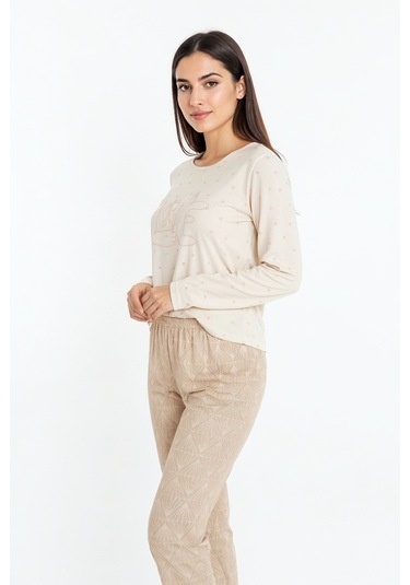 Üstü Love Yazılı Altı Desenli Elite Viscose Uzun Pijama Takımı Krem 3562 Krem