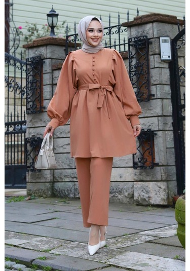 Düğme Detaylı Tesettür Camel Takım Camel