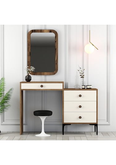 Lizbon Makyaj Masası Aynalı - Ceviz / Krem