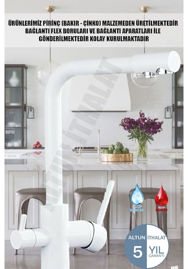 3 Yollu Beyaz Arıtmalı Sıcak Soğuk Çıkışlı Evye Mutfak Bataryası Arıtmalı Musluk Beyaz