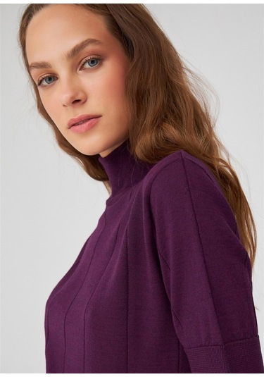 Peraluna Balıkçı Yaka Kısa Kollu İnce Basic Kadın Triko Bluz Mor
