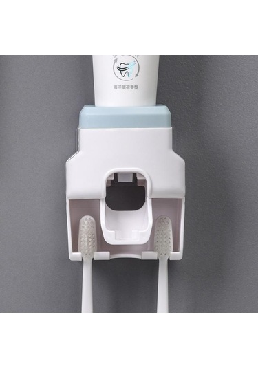 Mavi Hapythda Duvara Monte Diş Fırçası Tutucu Seti Otomatik Diş Macunu Dispenseri Su Geçirmez Banyo Aksesuarları Diş Macunu Sıkacağı Mavi