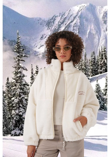 Gabria Baskılı Fermuarlı Peluş Mont Ekru