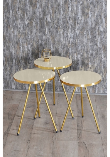 Zigon Sehpa 3'Lü Gold Metal Ayak Krem Gold