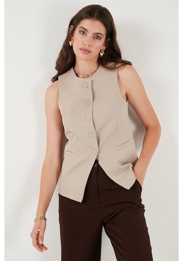 Lela Regular Fit Bisiklet Yaka Kolsuz Düğmeli Basic Bluz Bayan Yelek 65200004 Taş