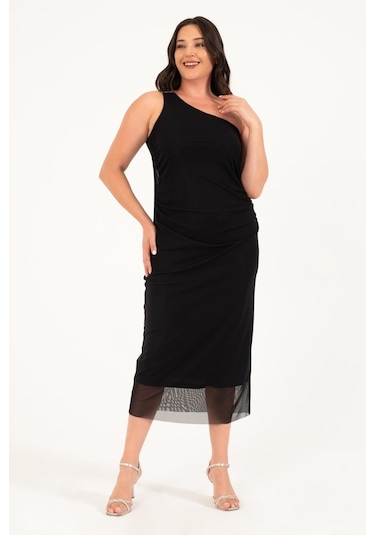 Astarlı Metalik Toka Detay Tül Elbise-1746-siyah Siyah