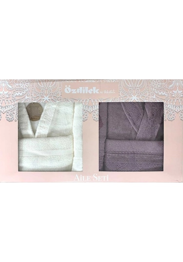 Özdilek Orkide Güpürlü Aile Bornoz Seti Krem - Mürdüm