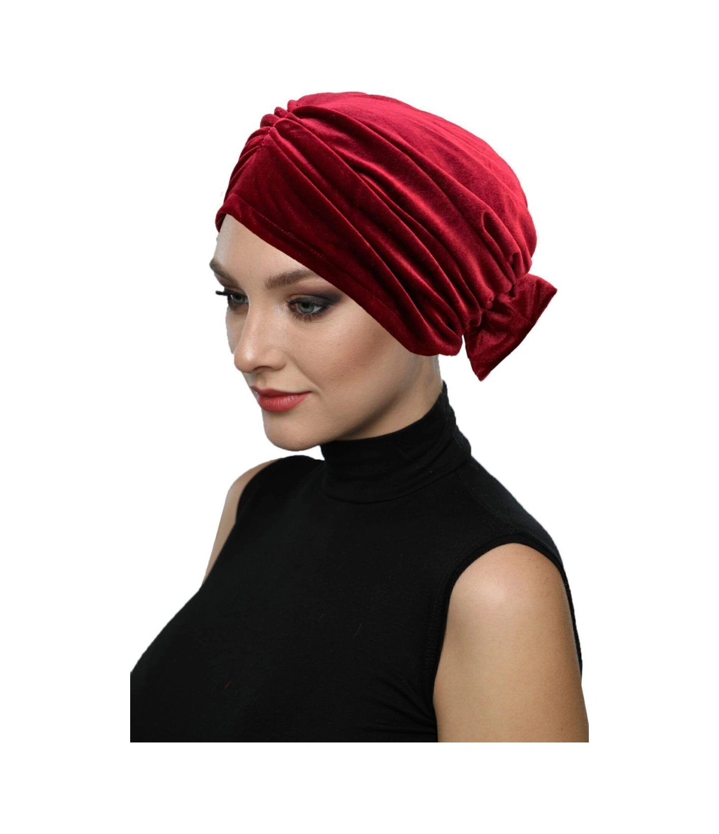 Kadife Fiyonklu Astarlı Bordo Hazır Türban Tesettür Bone Bordo