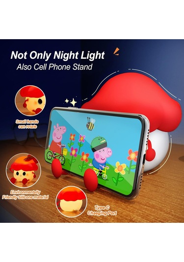 Çocuklar İçin Mantar Gece Işığı, Sevimli Silikon Gece Işığı, 7 Ayarlanabilir Renk Solunum Mantar Lambası Düz