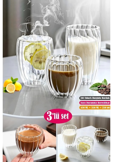 3'lü Çift Cidarlı Burgulu Kristal Cam Bardağı Çay Süt Kahve Kupası Sıcak & Soğuk Retro Bardak Seti