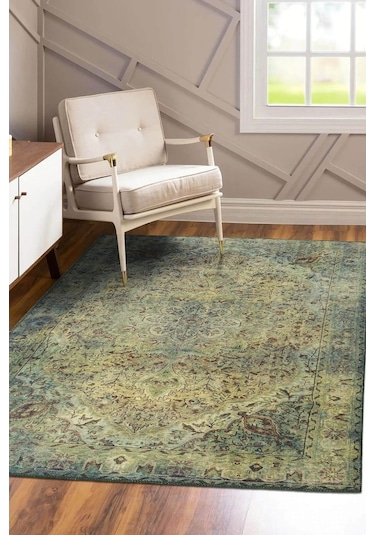 Blues Vintage Desenli Dokuma Taban Dekoratif Yeşil Halı (Al 23)