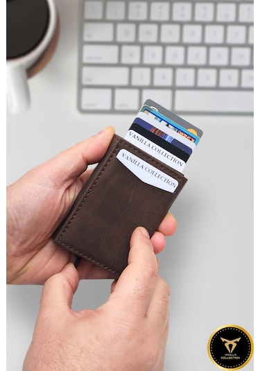 Alcantara Deri Erkek Otomatik Mekanizmalı Geniş Para Bölmeli Cüzdan Kartlık Rfıd Hırsızlık Korumalı Kahverengi