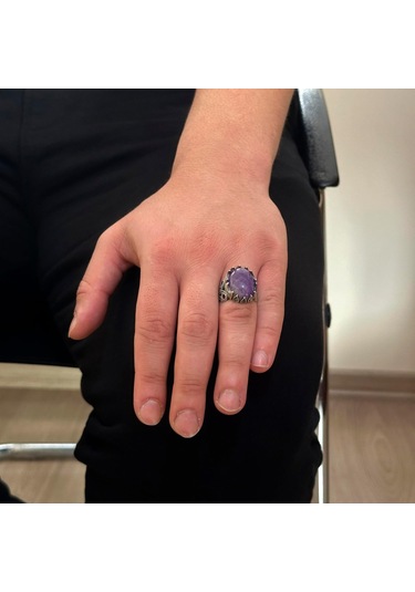 925 Ayar Katı Gümüş Erkek Yüzük - Doğal Taş Seçenekleri İle El Yapımı Tasarım Ametist Gümüş