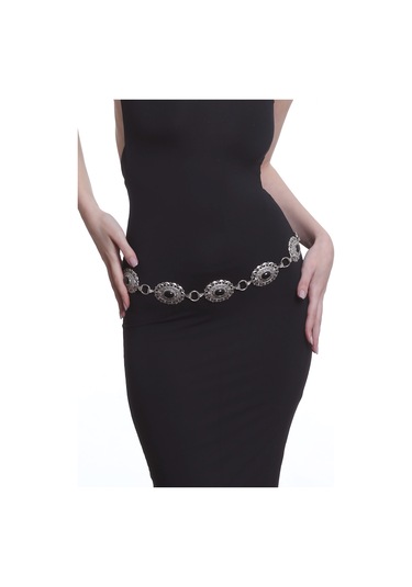 Labalaba Kadın Antik Gümüş Kaplama Siyah Boncuklu Bohem Bel Kemeri, Bel Kolyesi Gümüş