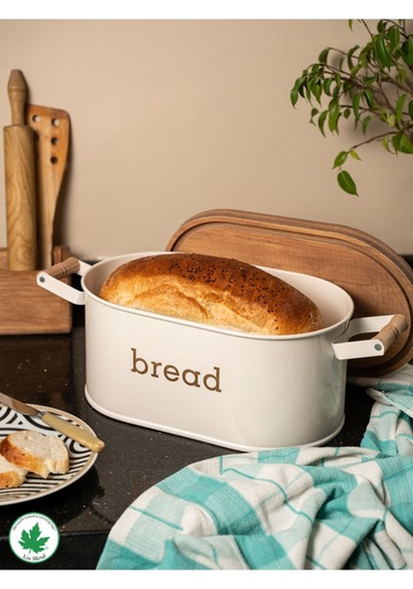 Ahşap Kapaklı Ahşap Kulplu Metal Ekmeklik Bread Baskılı - Krem Krem