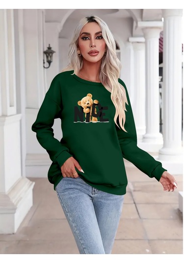 Supplierby Kadın Uzun Kollu Bisiklet Yaka Viskon Iki Iplik Bluz Yeşil