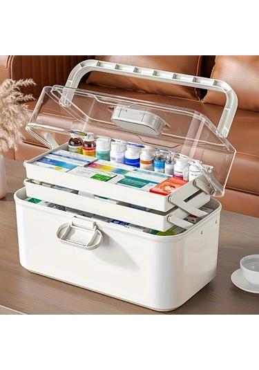 Xuweiwei 1 Adet Beyaz 3 Katlı Taşınabilir İlaç Organizer Kutusu Elle Tutma Kolu Çoklu Bölümlü Plastik Kapaklı Ev Tıbbi Depolama Kutusu Altın