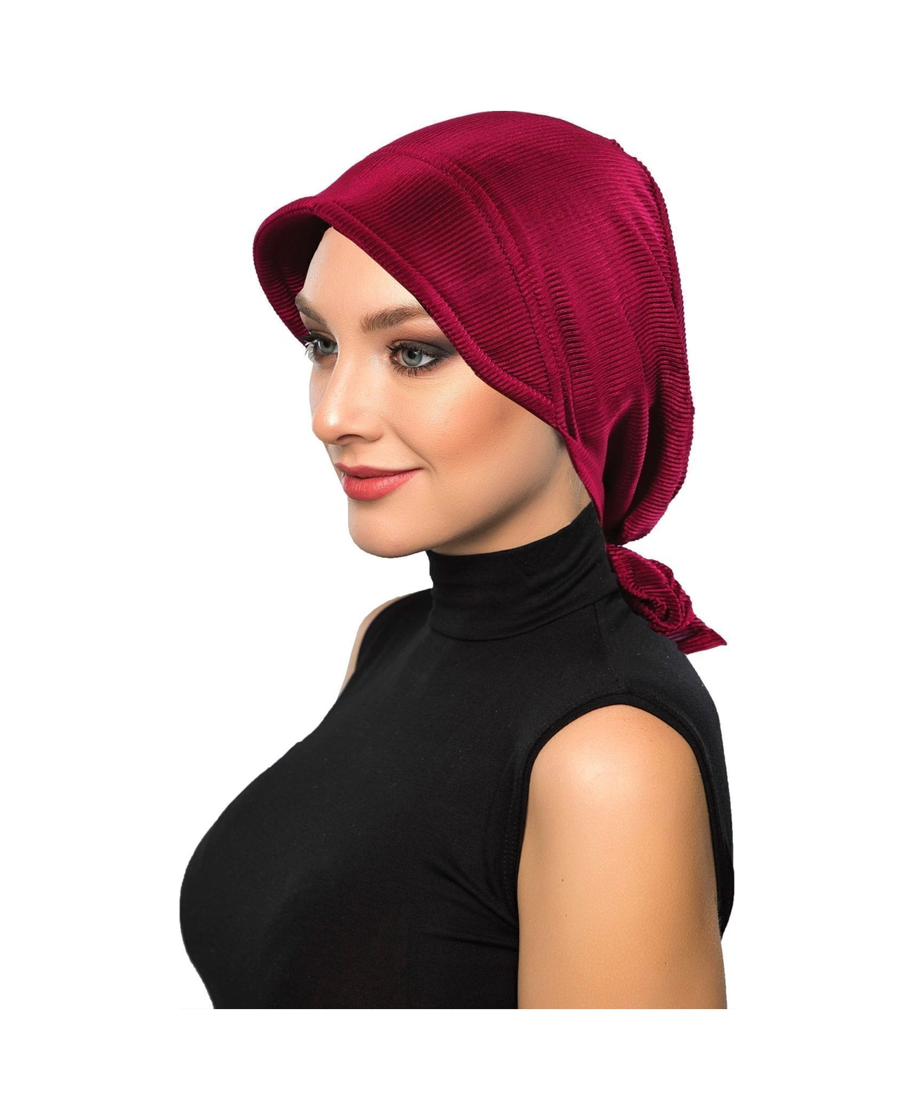 Plise Şapka Bordo Hazır Türban Tesettür Havuz Bonesi Bordo