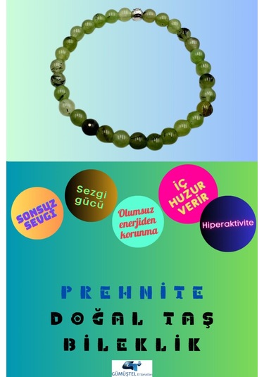Gümüştel El Sanatları Sertifikalı Prehnite Doğal Taş Bileklik 6 Mm Sürpriz Hediyeli Aaa Kalite Çok Renkli