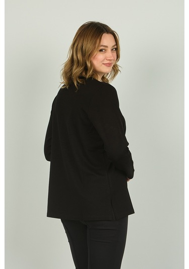 Detay Triko Kadın Suni Deri Detaylı Ve Desenli Uzun Kol Bluz 4553 Siyah Gri Gri - Siyah