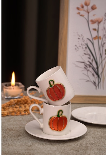 Heda Porselen Balkabağı Kabartmalı 4 Parça 2 Kişilik Kahve Fincan