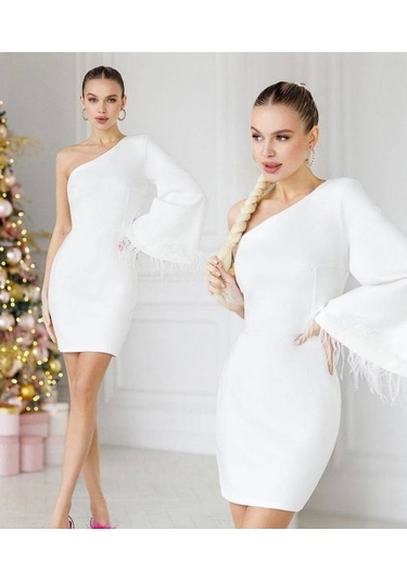 Yeni Sezon Kadın Kayık Yaka Uzun Kollu Püsküllü Sandy Mini Elbise Beyaz