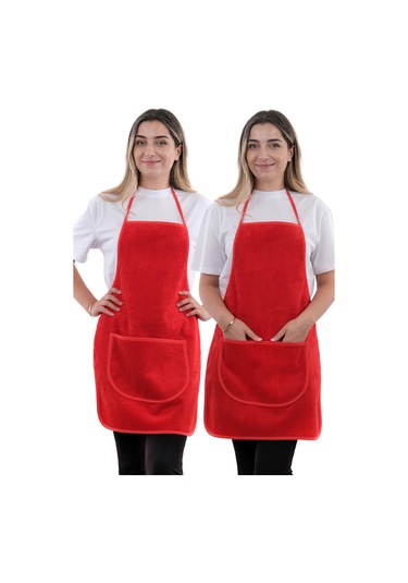 Wellsoft İkili Paket Cepli Mutfak Önlüğü Sıvı Geçirmez Su Geçirmez Mutfak Önlüğü Kırmızı
