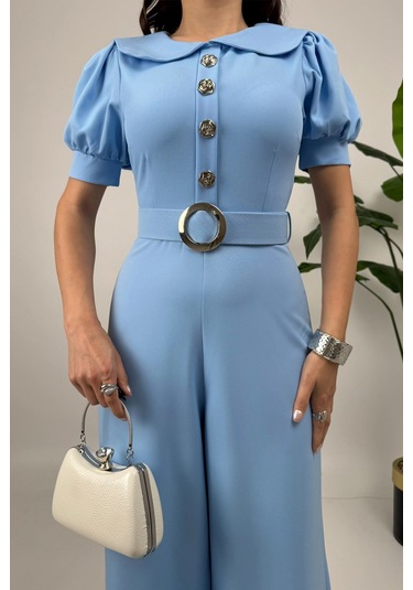 Firenze Kadın Mavi Düğmeli Kemer Detaylı Bol Paça Tulum Zarif Akşam Şıklığı Mavi