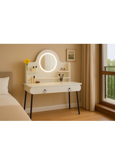 Vella Modern Led Işıklı Oval Makyaj Masası Raflı Ve Çekmeceli Beyaz
