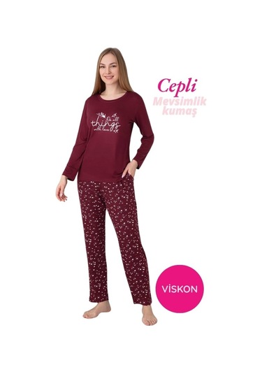 Kadın Bisiklet Yaka Düğmesiz Dökümlü Viskon Mevsimlik Uzun Kol Cepli Pijama Takımı Bordo