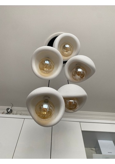 Modern 5'li Avize Beton Dokulu - Salon Ve Oturma Odası İçin Şık Tasarım Rustik Ampul Hediyeli Siyah