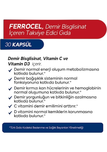 Dr. Henri Ferrocel Demir Bisglisinat Vitamin D3 ve Vitamin C 30 Kapsül