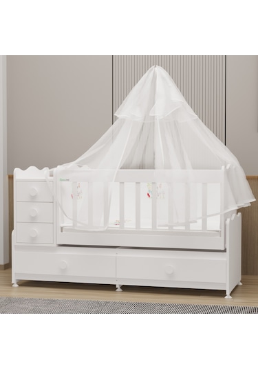 Garaj Home Melina Mdf Çıtalı Beşik + Yatak + Uyku Seti - Beyaz Beyaz