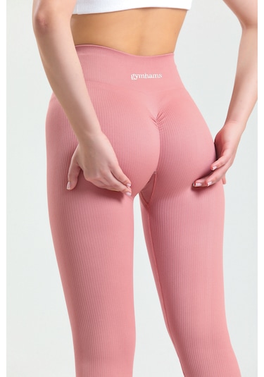 Gymhams Pudra Kalçası Büzgülü Premium Fitilli Ekstra Push Up Yüksek Bel Esnek Spor Tayt Pembe