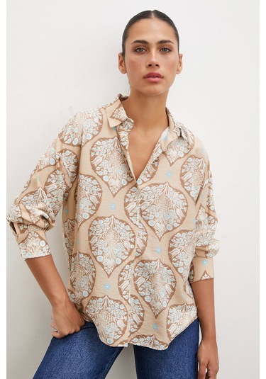 Never More Çini Desenli Modal Gömlek Kahve