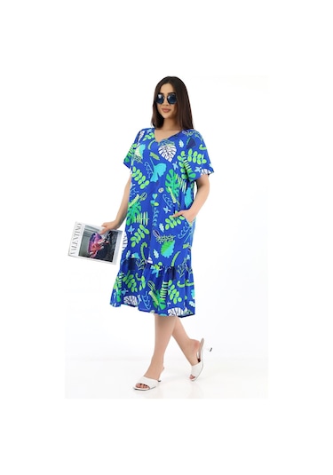 Schık Kadın Viskon Yarım Kol V Yaka Cepli Fırfırlı Elbise Kırmızı Saks