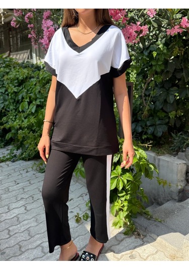 Munn Collection Kadın Kısa Kollu V Yaka Siyah Beyaz Renkli Viskon Iki Iplik Kumaş Eşofman Takımı Siyah