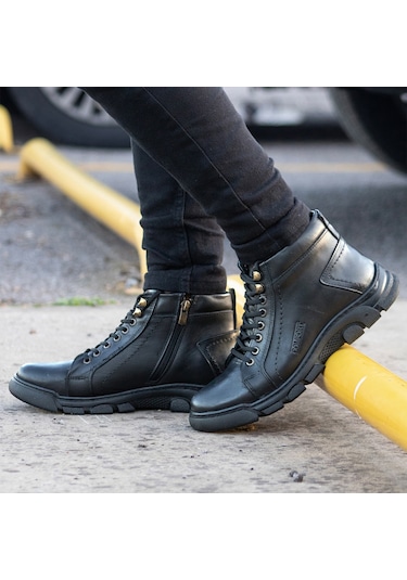 Ghattix Lass Kışlık Hakiki Deri Erkek Bot Fermuarlı Siyah Siyah