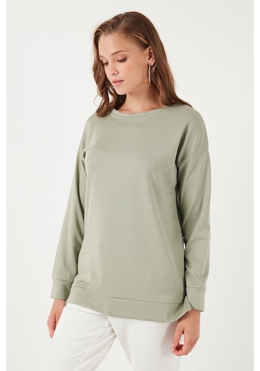 Lela Streç Oversize Fit Bisiklet Yaka Modal Kumaş Bayan Sweat 5865877 Olive