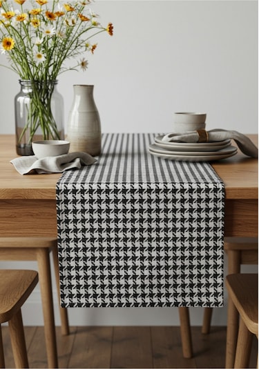 Siyah Beyaz Kazayağı Şık Masa Runnerı 50x150 Cm Modern Ve Zarif Masa Örtüsü Runner Siyah Beyaz Kazayağı
