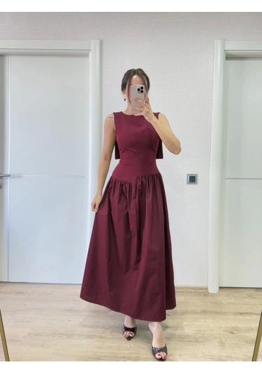 Arkası Kanatlı Uzun Elbise- Bordo Bordo