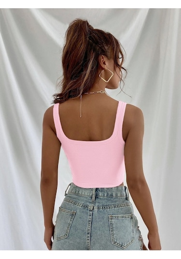 Askılı Fitilli Crop Top Bluz - Pembe Pembe