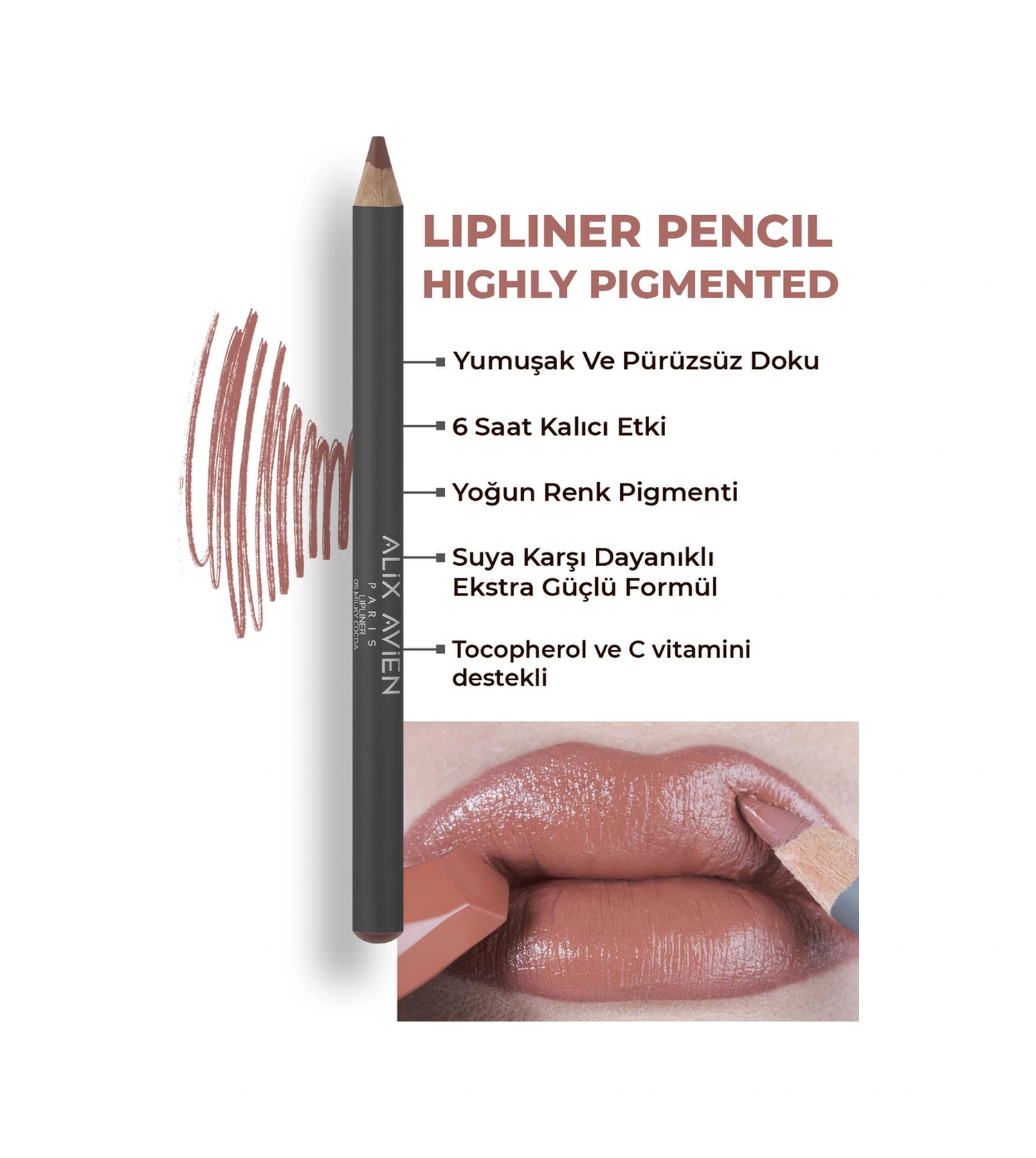 Alix Avien Uzun Süre Kalıcı Dağılma Yapmayan Nemlendirici Dudak Kalemi Lipliner Pencil 05 Milky Cocoa Pembe