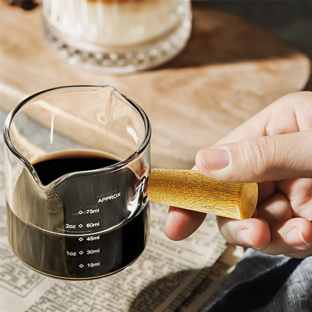 Yunboo 75 Ml Cam + Ahşap İki Ağızlı Espresso Ölçü Bardağı, Isı Yalıtımı Ahşap Saplı, Dökülmeyen, Net Ölçekli 2 Adet Şeffaf