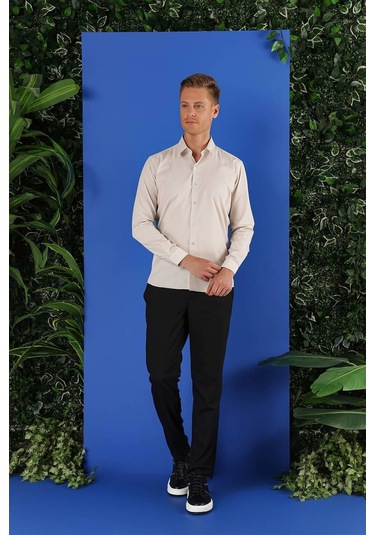 Gk 683 Slim Fit Kum Beji Klasik Gömlek Bej