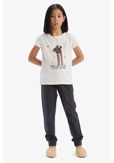 DeFacto Kız Çocuk Pijama Takımı Baskılı Kısa Kollu Üst Esnek Belli Uzun Alt E0541A825SMER85 DeFacto Kız Çocuk Pijama Takımı Baskılı Kısa Kollu Üst Esnek Belli Uzun Alt E0541A825SMER85