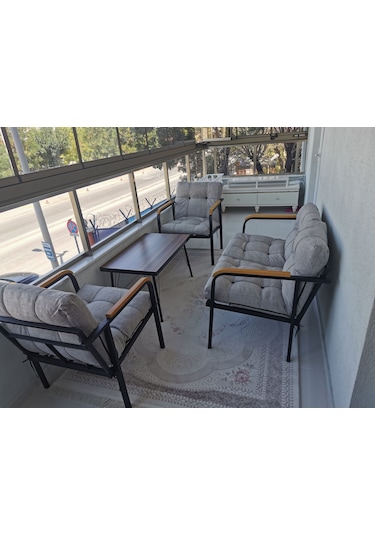 Modern Mars Balkon, Bahçe, Cafe - Salon - Metal Kanepe Koltuk Takımı - 2+1+1 + Sehpa Krem Modernsh61 Krem